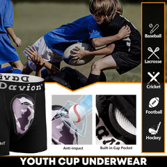Davion® - 2-Pack Boys Underwear with 1 Soft Protective Athletic Cup Youth Briefs for Football, Baseball, Lacrosse